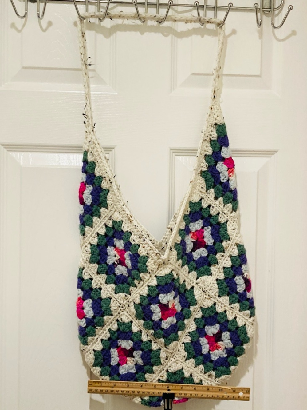 Handmade Crochet Granny Square Boho Shoulder Bag in Cream, Green & Blue - Picture 4 of 8